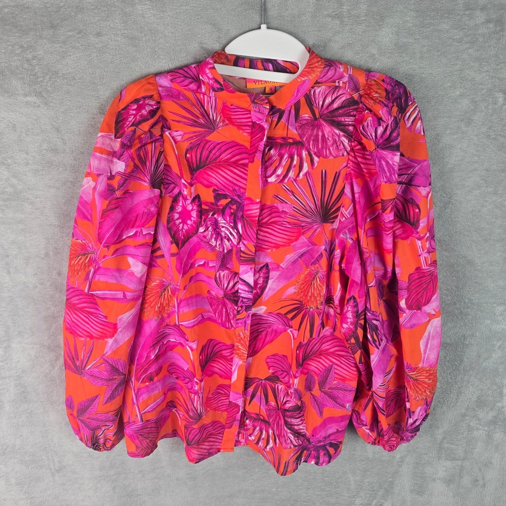 Vilagallo Pink Orange Tropical Leaf Print Cotton Blouse Band Collar Size 38